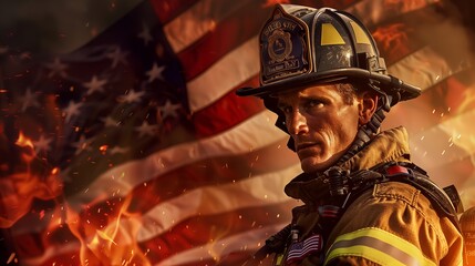 a firefighter in full gear, holding a hose, with an American flag in the background.