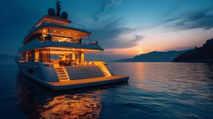 Obraz premium A Luxury Yacht With Lights Lit up on the Top Deck at Dusk in a Body of Water - Generative AI