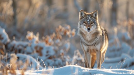 Obraz premium A Lone Wolf Standing In a Field of Snow With Trees and Bushes in the Background - Generative AI