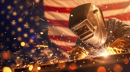 a welder at work, sparks flying, with an American flag background