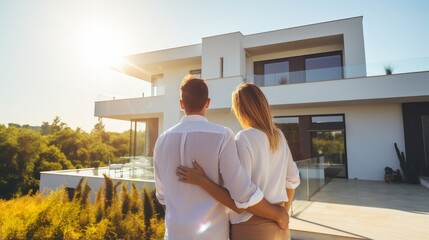 Back portrait of a young couple standing and hugging, happy in front of their new home to start a new life.