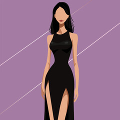 Charming young woman in an elegant black dress with a slit on the leg. Flat fashion illustration, faceless. Vector.
