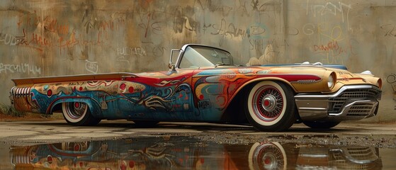 Vintage Car Reflecting in a Puddle with Graffiti Wall