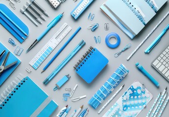 Overhead photography of school essentials in blue and white, staged on a light grey background for a clean visual.