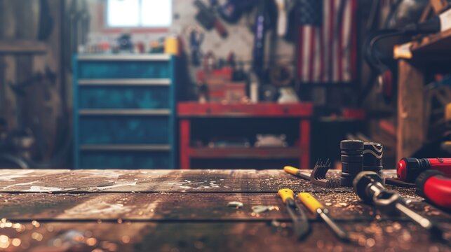 a table top and a variety of small tools, with a blurred USA flag-themed background