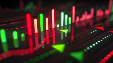 Fototapeta premium abstract chart illuminated with neon lights, showcasing red and green bars with arrows indicating growth and decline, glowing brightly against a black background.