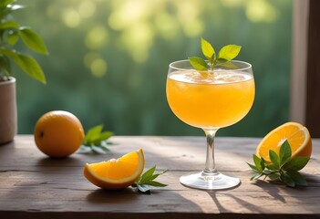 Fototapeta premium A cocktail in a coupe glass filled with a yellow-orange drink, garnished with a green herb, placed on a wooden table. An orange fruit is positioned next to the glass. Soft, warm sunlight casts gentle 