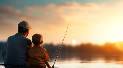 A serene moment of a father and son fishing at sunset, capturing the essence of family bonding and nature's beauty.