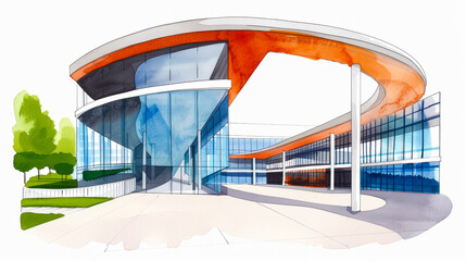 Fototapeta premium Ink sketch watercolor illustration of a futuristic shopping mall with sleek curves and large glass panels on a white background 