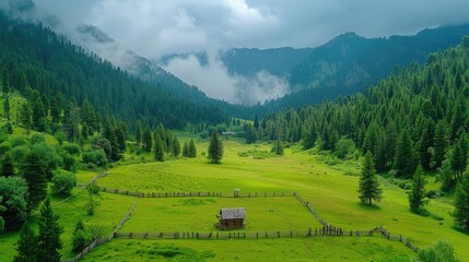 Peaceful rural landscape featuring a rustic wooden barn, lush green fields
