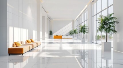 A bright, airy lobby in a modern office building with minimalist d?(C)cor and clean lines