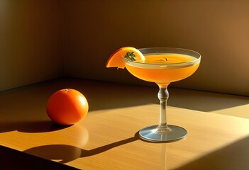 A cocktail in a coupe glass filled with a yellow-orange drink, garnished with a green herb, placed on a wooden table. An orange fruit is positioned next to the glass. Soft, warm sunlight casts gentle 