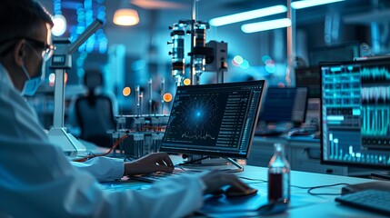 A person using machine learning software in a high-tech lab during the morning with artificial lighting, close-up shot