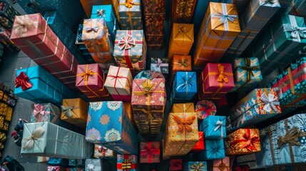 An Overhead View of Many Colorful Boxes Tied Together With Ribbon and Bows on Top - Generative AI