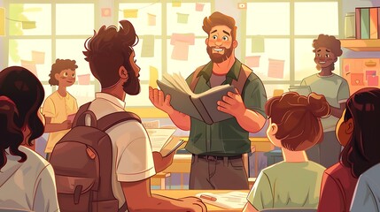8. A teacher handing out textbooks to students in a classroom, with everyone looking enthusiastic about the new school year