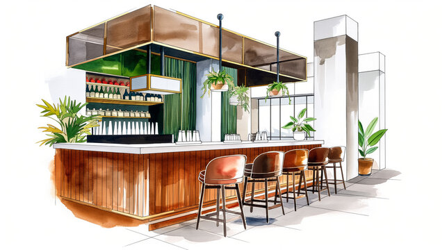 Ink sketch watercolor illustration of a stylish restaurant with a modern inviting design on a white background 