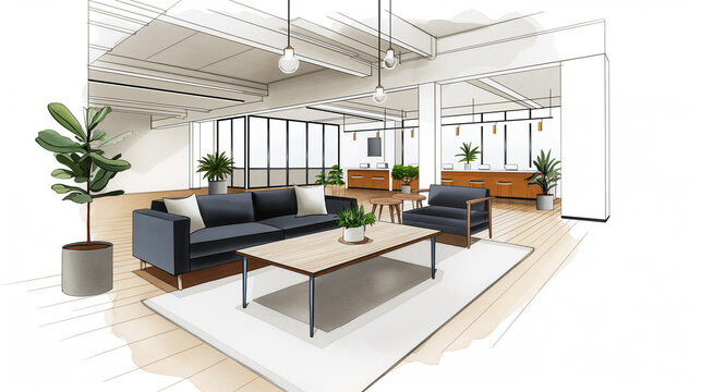 Ink sketch watercolor illustration of a trendy co working space with a modern open concept design on a white background 