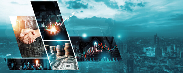 Futuristic business digital financial data technology concept for future big data analytic and business intelligence research for businessman analyst invest decisions making panoramic banner kudos