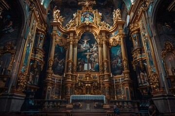 Fototapeta premium a golden and ornate baroque church altar with paintings of the last supper in it, barroco style, gothic architecture, photo taken by ARRI camera on Canon EOS R5 + arri 20mm prime lense 
