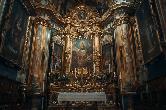 a golden and ornate baroque church altar with paintings of the last supper in it, barroco style, gothic architecture, photo taken by ARRI camera on Canon EOS R5 + arri 20mm prime lense 