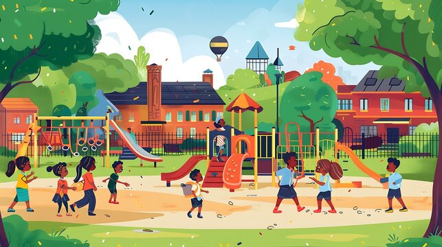 9. A playground scene with children playing during recess on their first day back to school, with the school building in the background