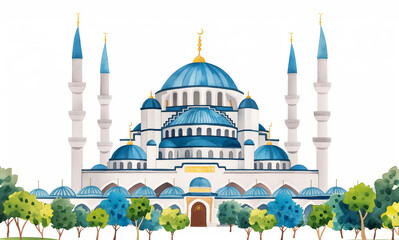 Fototapeta premium Watercolor art of the Blue Mosque in Istanbul vibrant and ornate isolated on white 