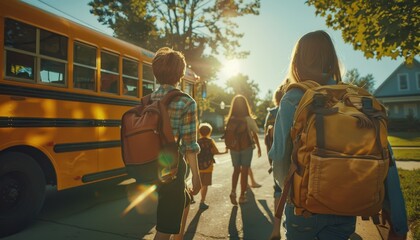Children Walk Away From Yellow School Bus in Suburb