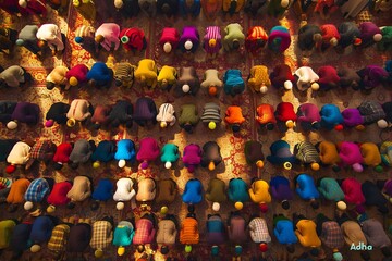 Aerial view of Muslim men and women in colorful praying inside the mosque during Ramadan, a concept of an Islamic festival or celebration. Top down perspective with many people kneeling on their knees