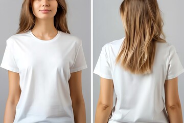A young woman in a plain white t-shirt poses in front and back views, showcasing casual style and simplicity.