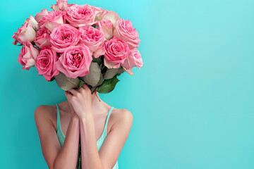 Woman holding a large bouquet of roses covering their face on blue background.