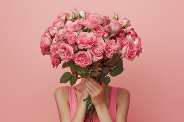 Woman holding a large bouquet of roses covering their face on pink background.