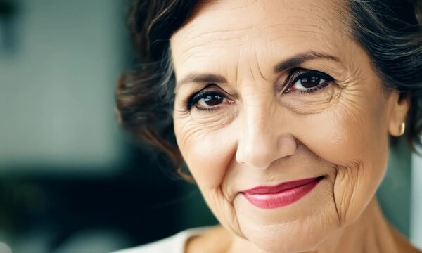 A woman with a serious expression on her face. She is wearing lipstick and has her hair in a bun