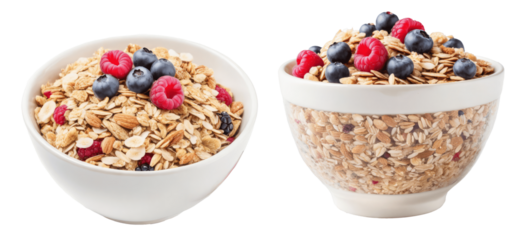 bowl of muesli cereal with raspberry and blueberry isolated on transparent background