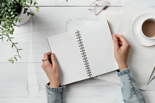 Woman holding notebook with blank pages at light grey table, top view. Mockup for design
