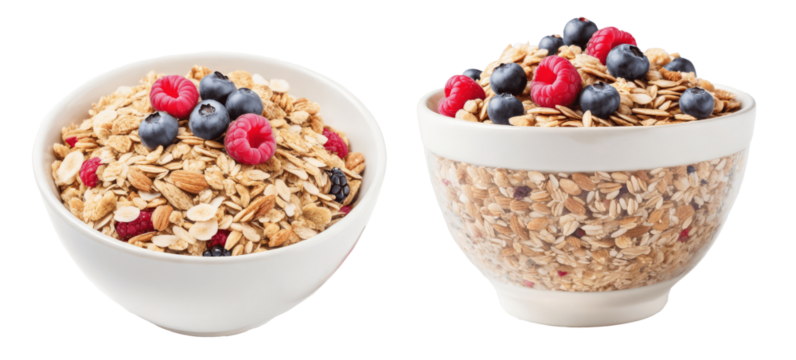 bowl of muesli cereal with raspberry and blueberry isolated on transparent background