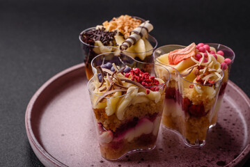 Delicious nutritious vegan dessert trifle with berries, cheese cream