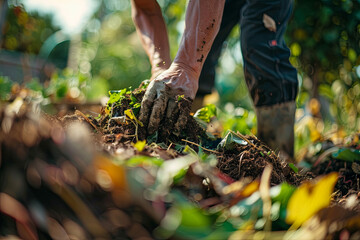 Obraz premium Turning a compost pile in a community garden, filled with microorganisms, showcasing sustainable regenerative agriculture