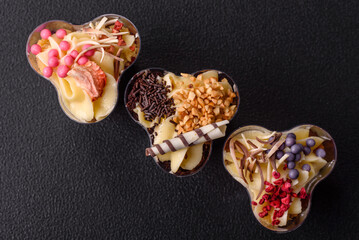 Delicious nutritious vegan dessert trifle with berries, cheese cream