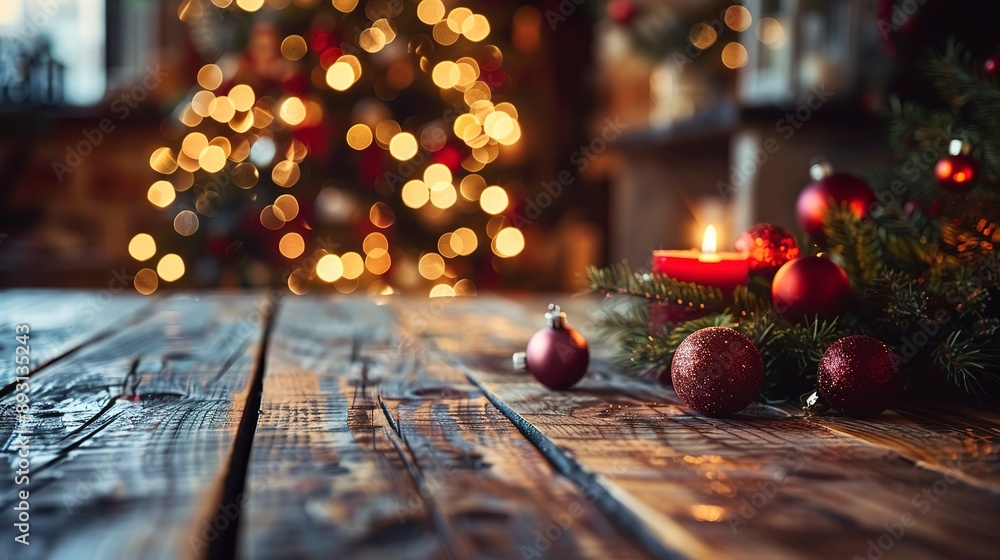 Sticker Empty wooden table with christmas theme in background