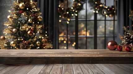 wooden table top for product display mockup with festive christmas tree background