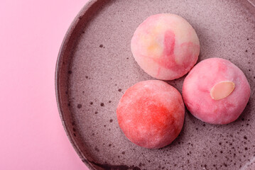 Delicious sweet chilled mochi desserts with fruit filling