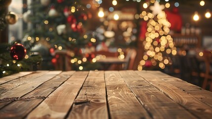 Empty wooden table with christmas theme in background 