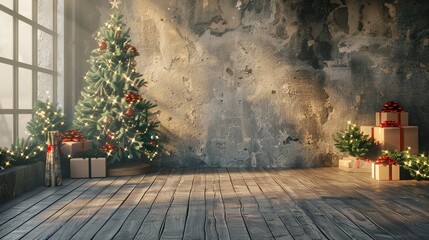 christmas interior wall background with floor and space for text 