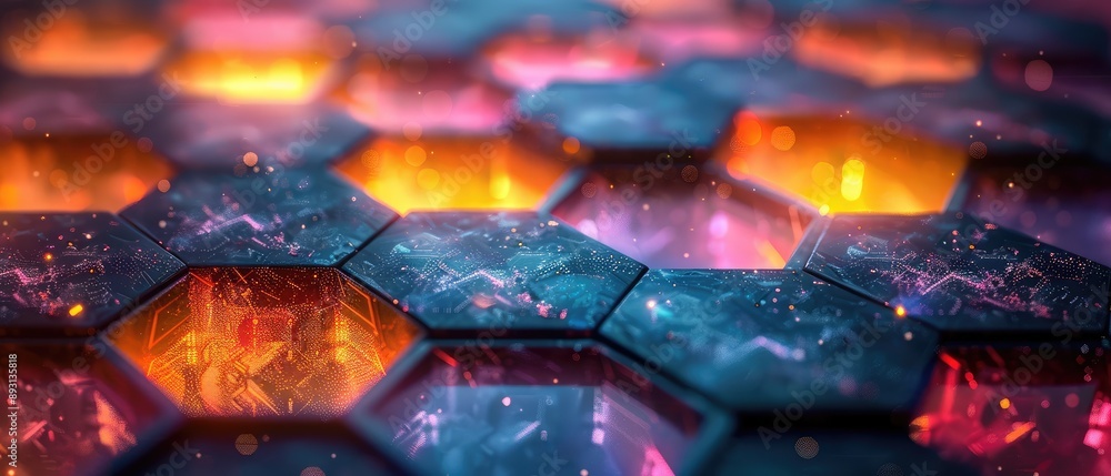 Poster abstract geometric pattern with glowing particles and neon lights