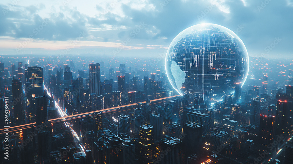 Poster advanced technology globe positioned in the heart of a cityscape, representing a high-tech concept w