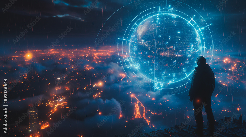 Poster advanced technology globe positioned in the heart of a cityscape, representing a high-tech concept w