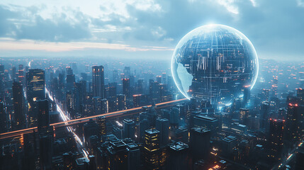 Advanced technology globe positioned in the heart of a cityscape, representing a high-tech concept within a modern urban environment.