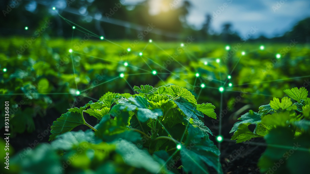Poster innovative agriculture scene with blockchain technology, showing data points above crops for effecti