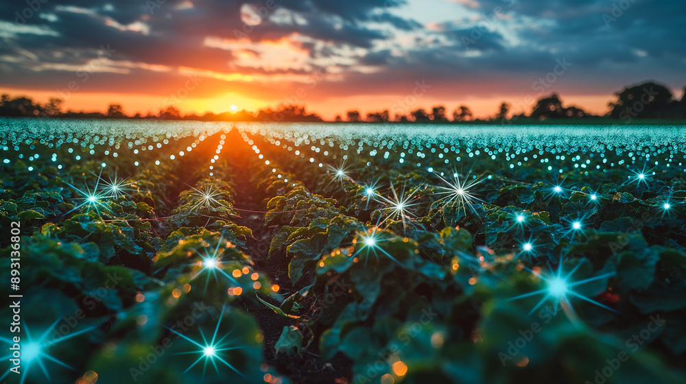 Poster innovative agriculture scene with blockchain technology, showing data points above crops for effecti