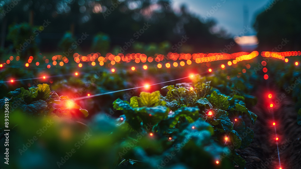 Poster innovative agriculture scene with blockchain technology, showing data points above crops for effecti